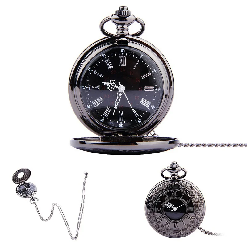 

Vintage Charm Black Watches Unisex Fashion Roman Number Quartz Steampunk Pocket Watch Women Man Necklace Pendant Chain Gifts