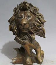 11″Oriental East Art BRASS sculpture wild animal Foo Dog Lion head Statue Brass Copper garden