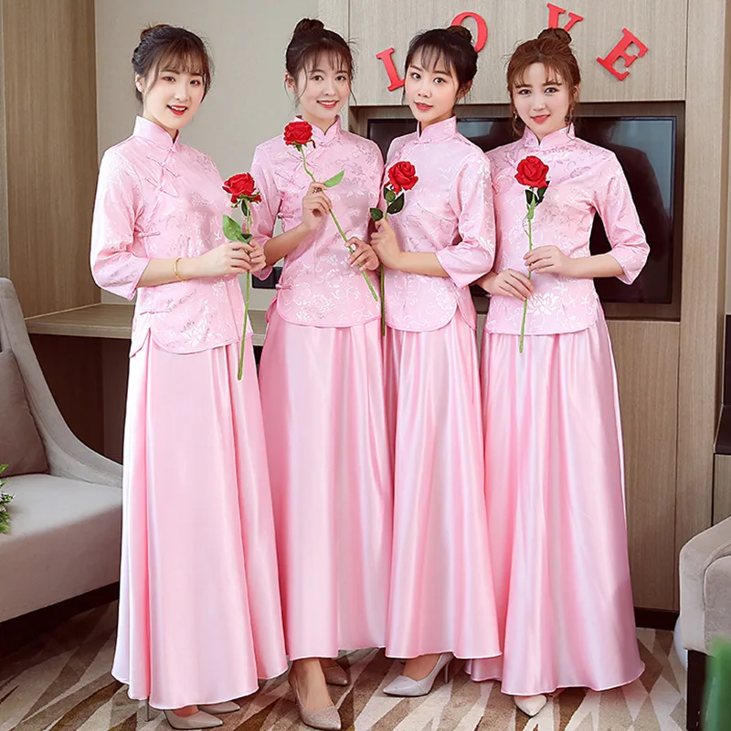 

Women Pink Flower Qipao Elegant Chinese Traditional Wedding Bridesmaid Dress Plus Size Lady Mandarin Collar Cheongsam XS-3XL