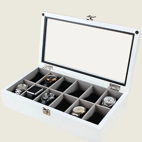 Han 12 слотов часы деревянная коробка механические часы Дисплей деревянный ящик Материал баночки для пудры с прозрачной крышкой часы Подарочная коробка для хранения C039 - Цвет: White