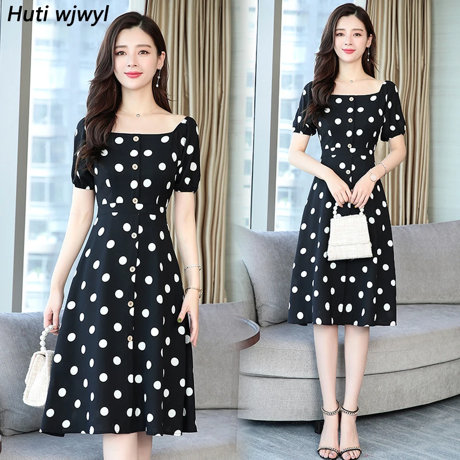 

2019 Vintage Elegant Black Dot Chiffon Boho Midi Dresses Summer 3XL Plus Size Solid Beach Sundress Women Bodycon Party Vestidos