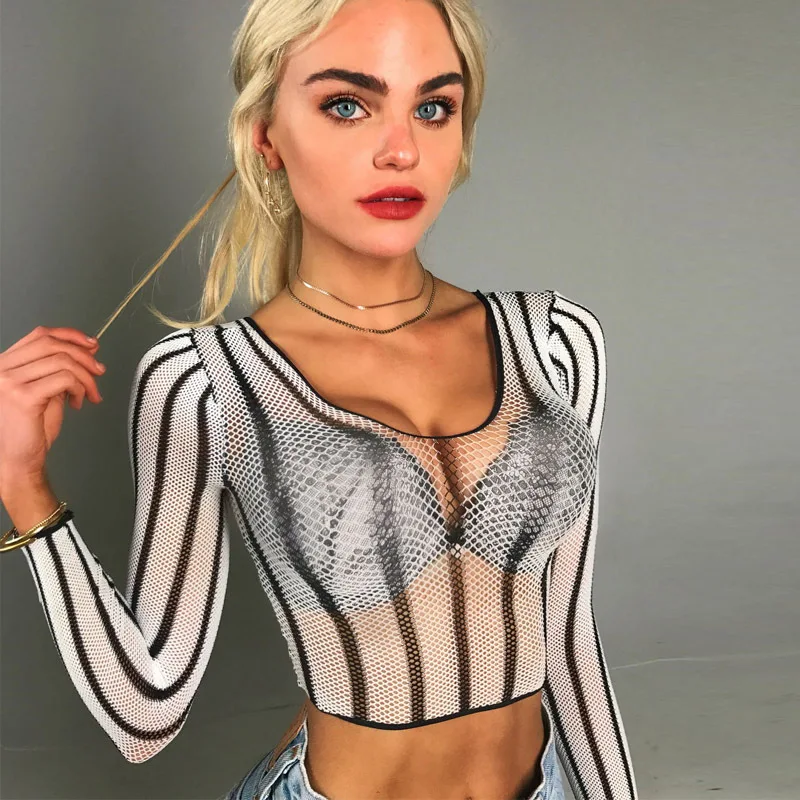 

Women's striped mesh Blouse perspective long-sleeved lace shirt sexy short U-neck top sexy White Elegant Lace Blouse