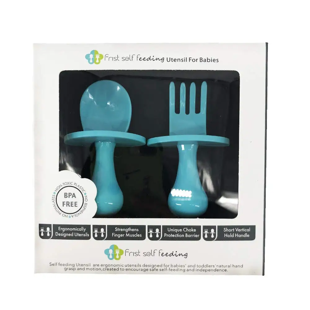 Baby Spoon First Self Feeding Spoon Fork Utensil Set for Baby Led Weaning and Toddlers BPA Free(Blue