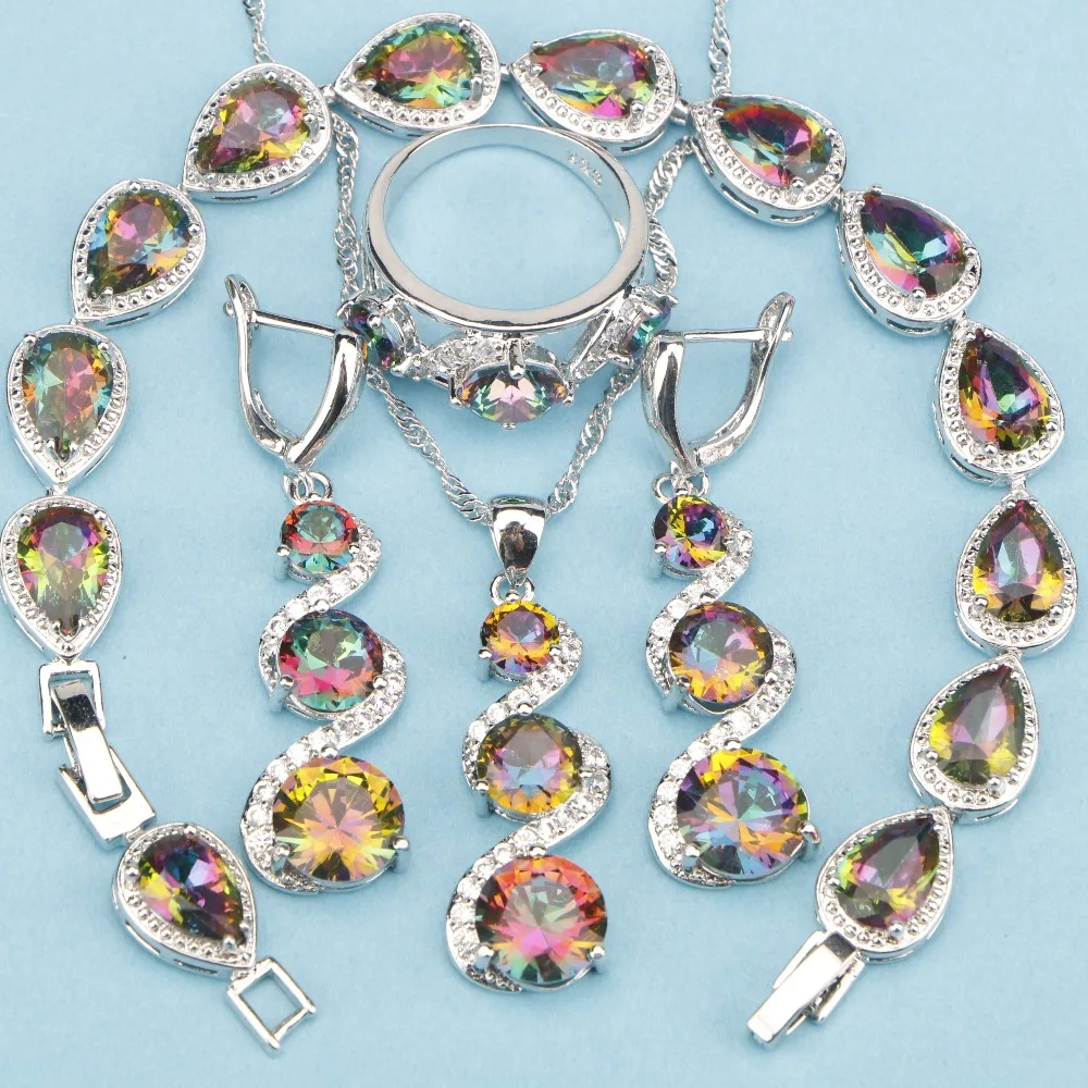 Sterling Silver Multicolor Rainbow Stones Jewelry Sets For Women