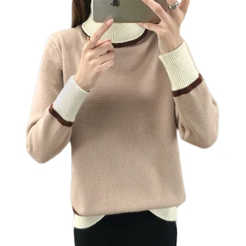 

2019 New Autumn Winter Turtleneck Thick Knitwear Korean Pathwork Hit Color Women Pullover Sweater Casual Loose Jumper Tops D557