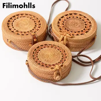 

2019 Round Straw Bags Women Summer Rattan Bag Handmade Woven Beach Cross Body Shoulder Bag Circle Bohemia Handbag Bali F-291