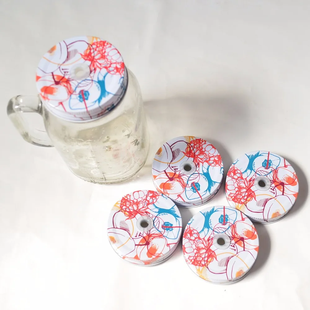 4pc/lot Drinking glass jar lids,metal Lids With Straw Holes for mason