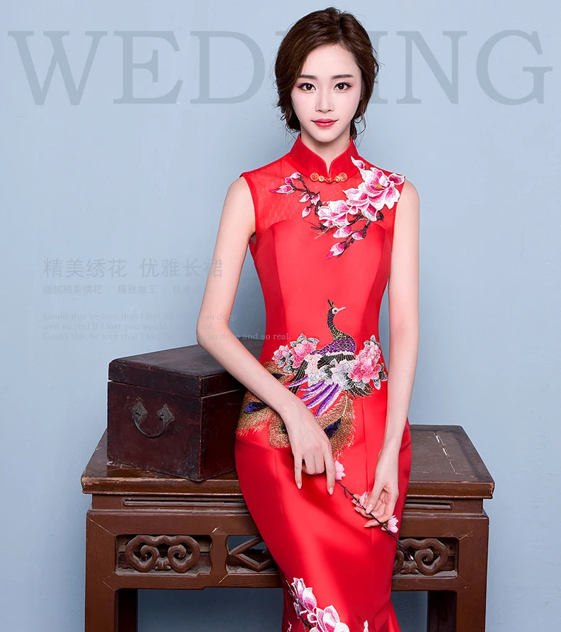 Красные свадебные кружевные традиционные платья для женщин cheongsam китайский стиль длинный Ципао вечернее высокое качество атлас
