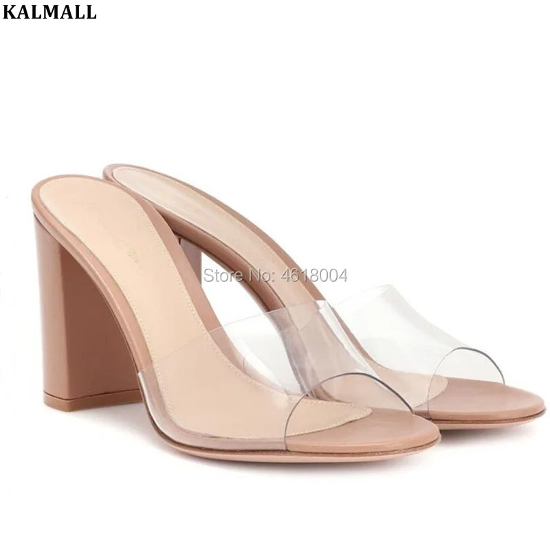 

KALMALL Big size Eu 44 Women PVC High Heel Mules Transparent Clear Block Heel Sandals Slip on Jelly Slippers Casual Shoes Summer