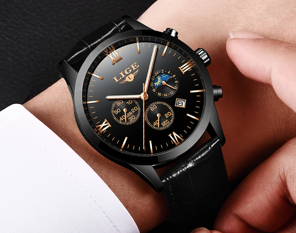 LIGE Mens Watches Top Brand Luxury Fashion Watch Men Leather Quartz Clock For Male Auto Date Rose Gold Shell relogio masculino