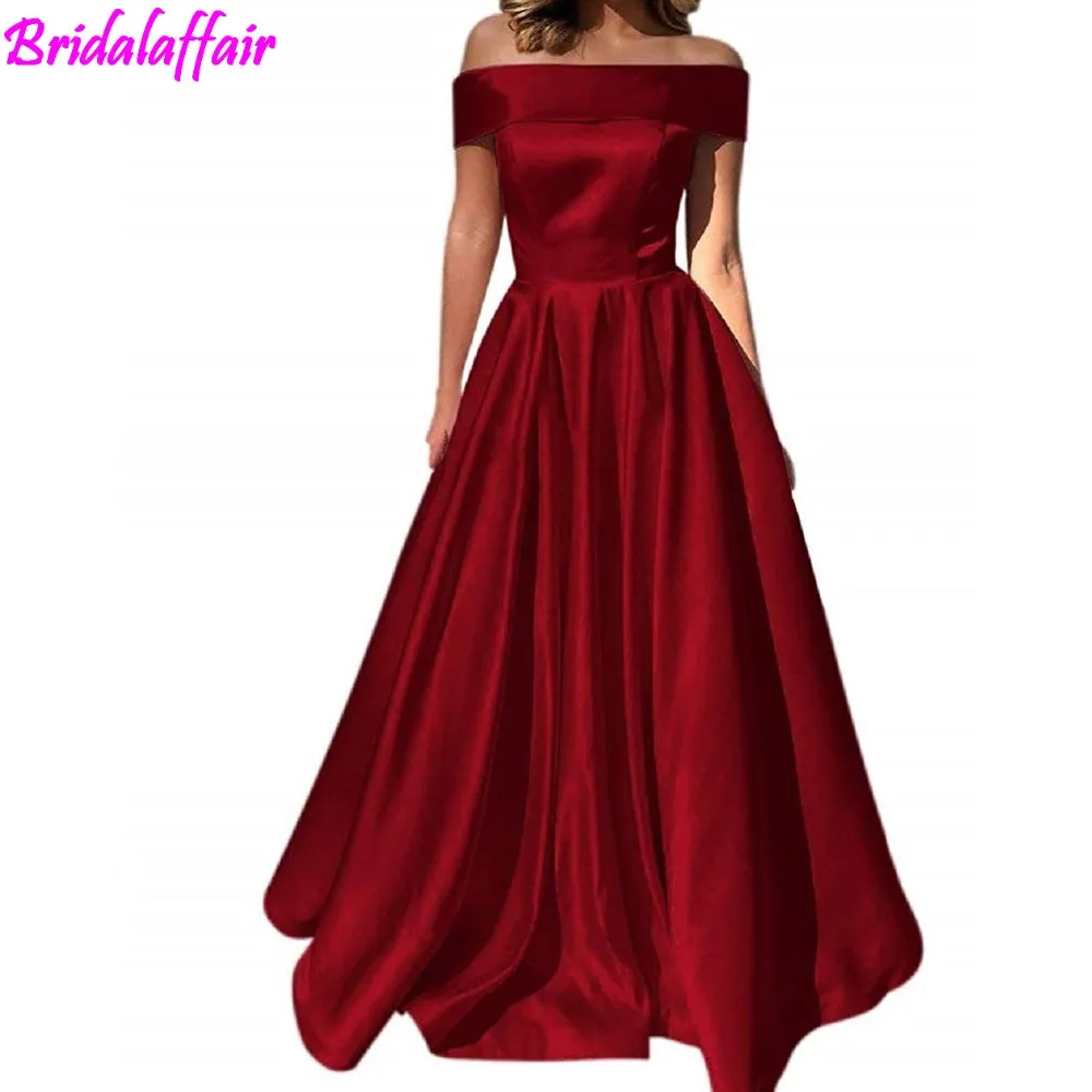 

Sweet Off The Shoulder Evening Dresses Satin Prom Party Dress A-Line Long with Pocket Formal Gown prom long elegant dresses