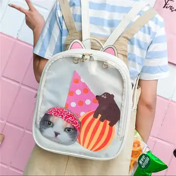 

Cute Cat PU Leather Backpack Candy Color Transparent Shoulder Bags School Teenage Girls Travel Backpacks