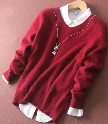 Супер теплый пушистый норковый Кашемир мягкий мех v-образный вырез свитера и пуловеры для женщин Осень Зима Джемпер женский брендовые джемпер WA650 - Цвет: Zred