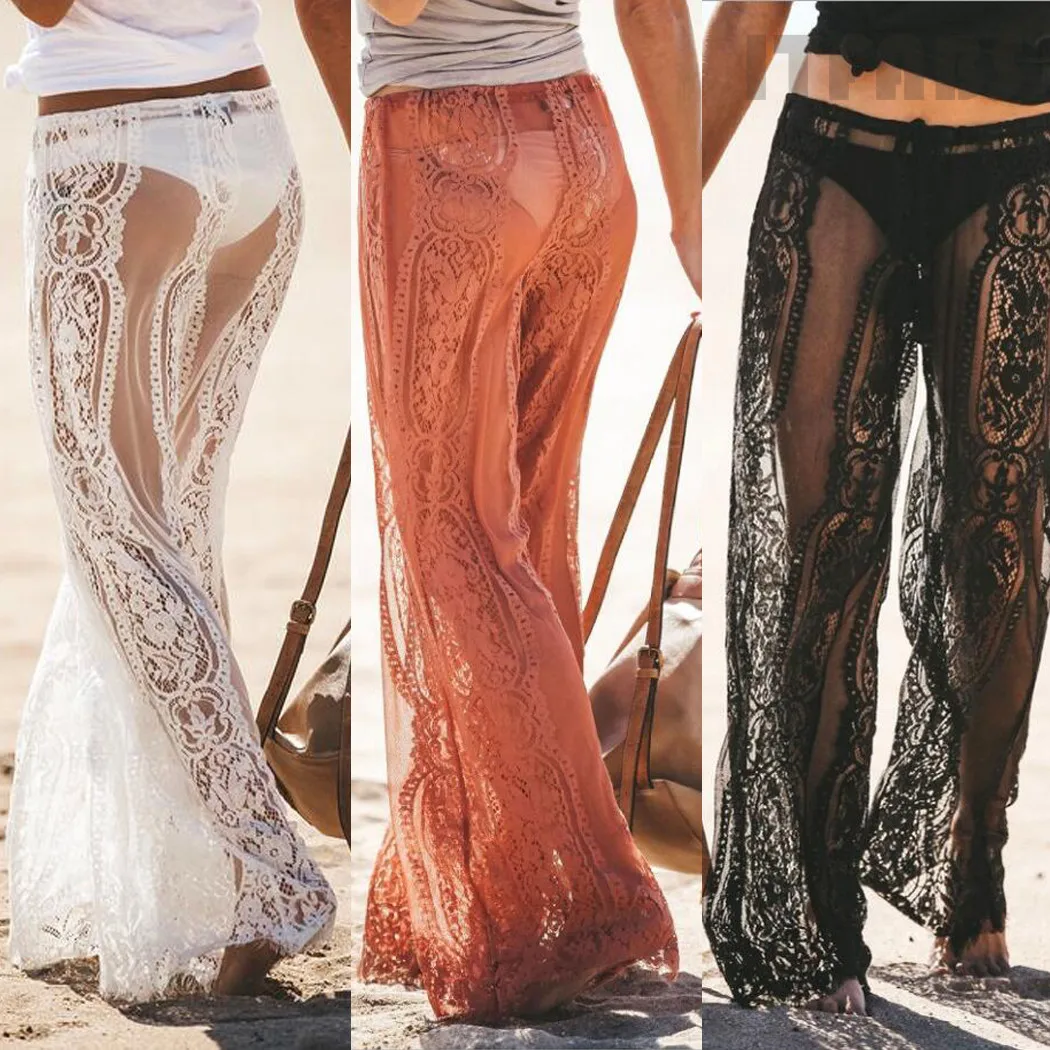 New Women's Ladies Sexy Floral Lace Pants Beach Bikini Cover Up Trousers Chiffon See-Through Solid Swimming Costume