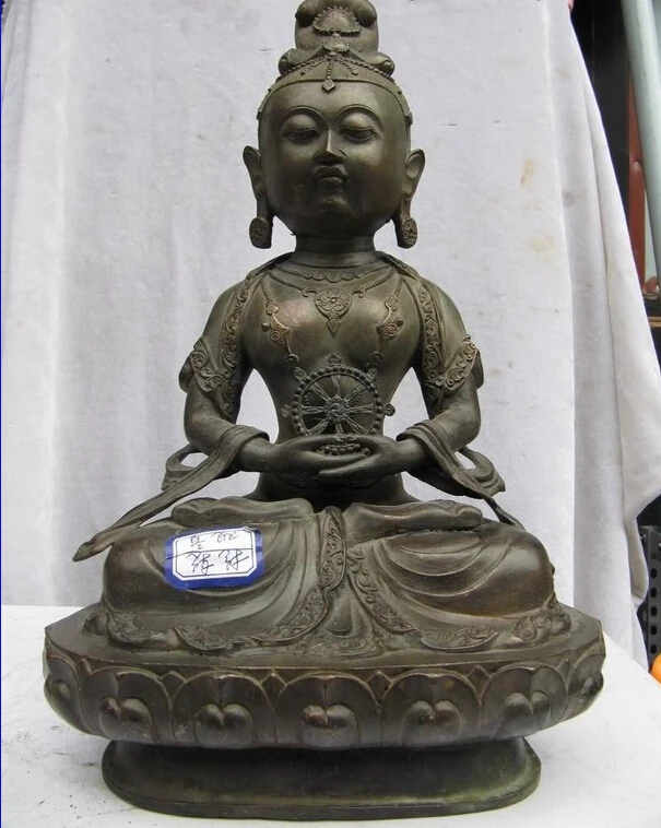 

S1269 Tibet Monastery Pure Bronze Copper hold wheel Kwan-yin Bodhisattva Buddha statue D0318