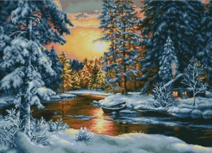 cs-2085 Cross Stitch Kit Winter Landscape Landscapes Winter Evening Sunset Snow Lake Forest luca-s B477