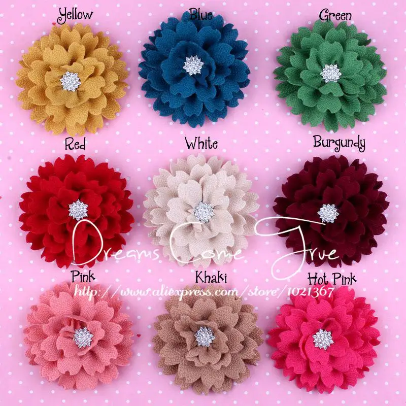 

200pcs/lot 3.6" 9 Colors Fashion Artificial Fabric Headband Flowers With Bling Rhinestone Button For Children Hair Accessories
