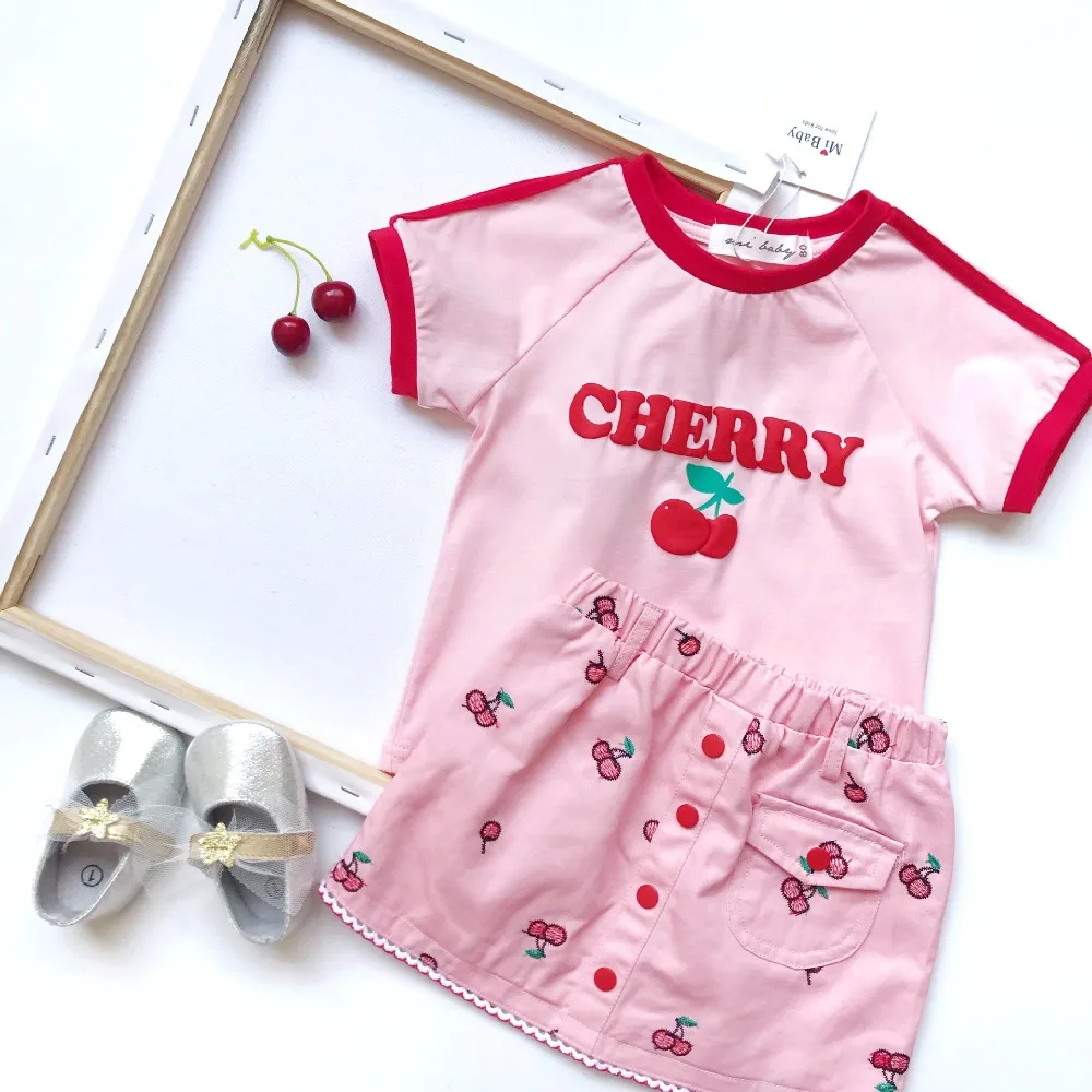 

2019 fashion Toddler Kid Baby Girl set clothes Pink Cherry Tops+Short cherry Skirt 2Pcs set clothes princess party girls clothin