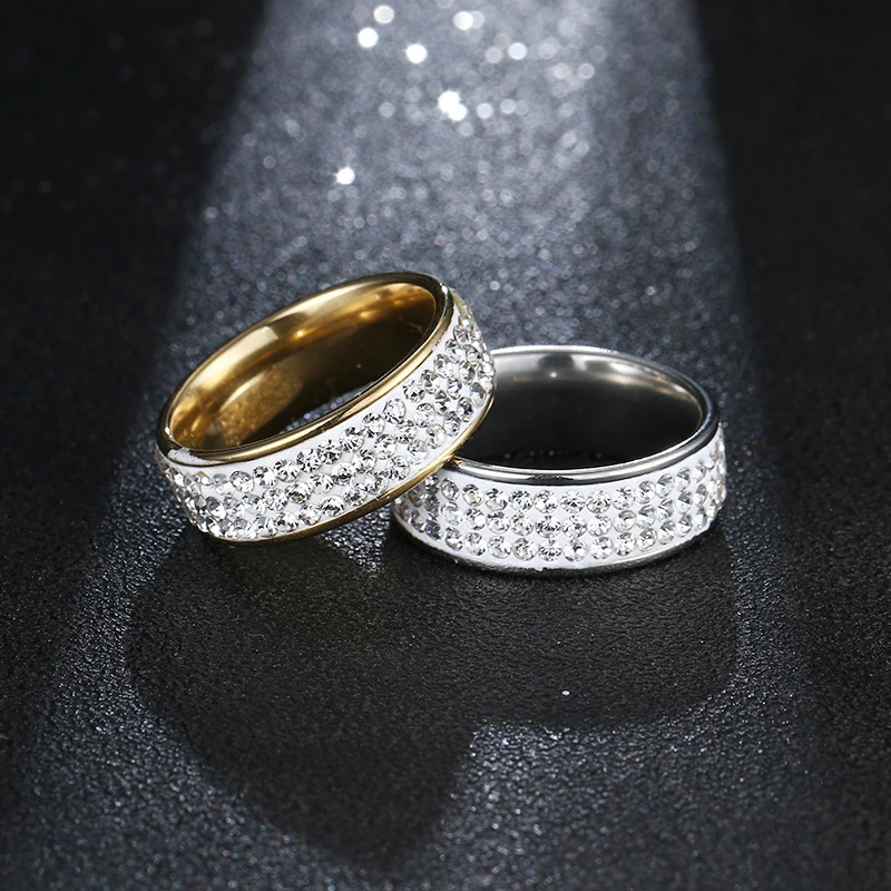 CACANA Full Size 8mm three row clear crystal Stainless steel Wedding rings fashion jewelry Made with Genuine CZ Crystals