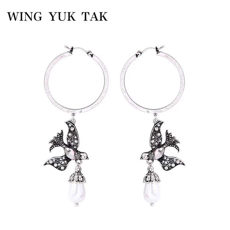 

wing yuk tak Vintage Hoop Earrings for Women Simulated Pearl Minimalist Fashion Silver Color Bird Earrings