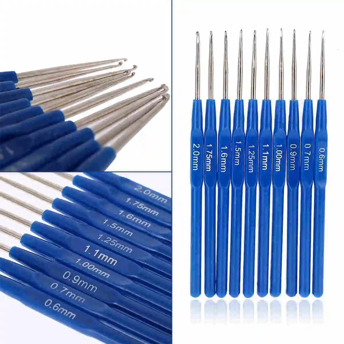 10pcs Knitting Needles Crochet Hook Weave Crochet Needles Tools with Ergonomic Grip 0.6/0.7/0.9/1/1.1/1.25/1.5/1.6/1.75/2mm