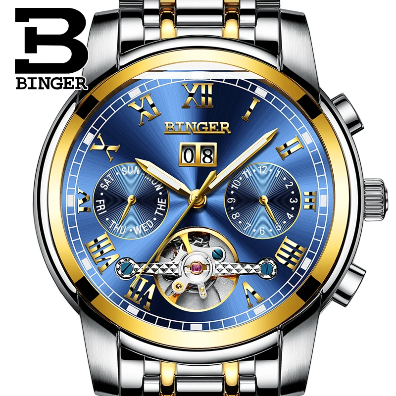 Модные спортивные часы Switzerland BINGER Tourbillon механические с календарем и сапфиром