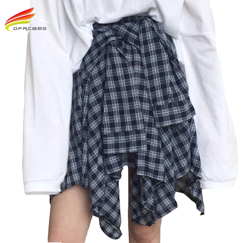 

Asymmetrical Plaid Skirt Woman 2018 Spring New Fashion Casual Skirts Womens Lolita Preppy Style Elastic High Waist Saia