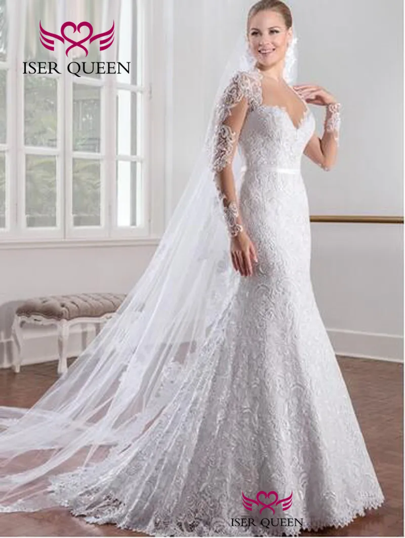 Кружевное Свадебное платье русалки с длинными рукавами, белое свадебное платье с открытой спиной на заказ, Бразилия W0151