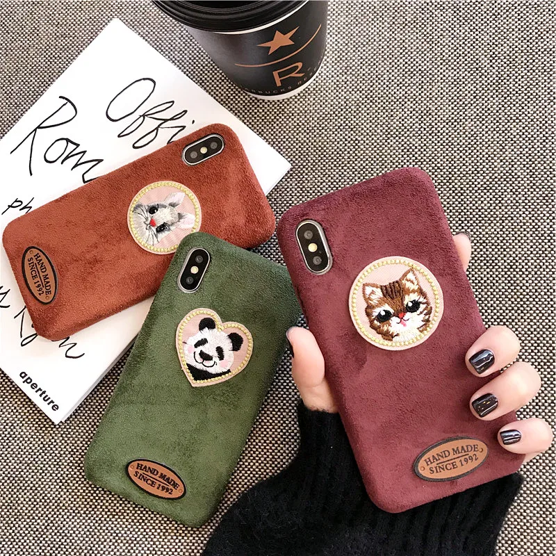 

Suede fur phone Cases For iphone XS Max XR XS for iphone 7 8 6 6s plus Cute panda rabbit cat embroidery case cover