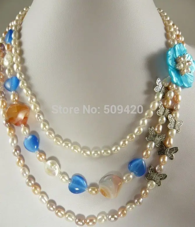 

Free Shipping 3-ROW Beautiful PINK white PEARL SHELL FLOWER CLASP NECKLACE