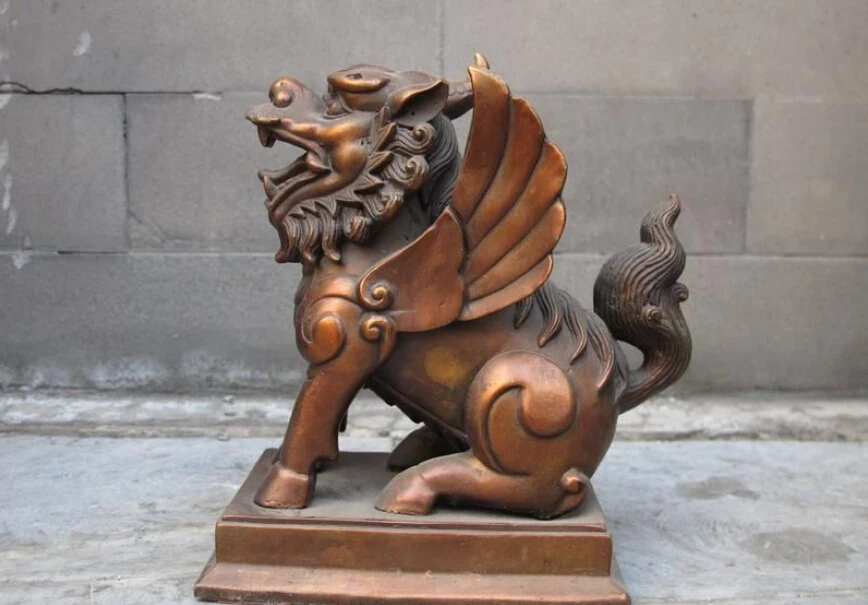 

Chinese Feng Shui red Bronze kylin Foo Dogs Lion Avoid apotropaion beast Statue