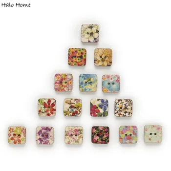 

50pcs 2 Hole Mixed Random Square Flower Wood Buttons Crafts Clothing Decor Sewing Scrapbooking Card Making DIY 13mm
