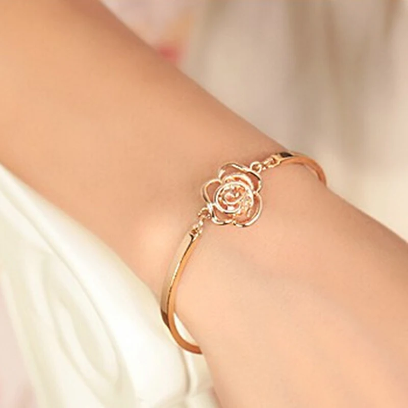 Elegant Gold Plated Women Bracelets Crystal Rose Flower Bangle Cuff Jewelry 