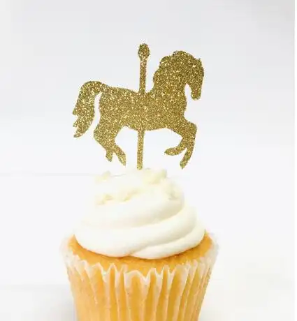 Glitter Carousel Horse Carnival Theme Birthday Cupcake Toppers