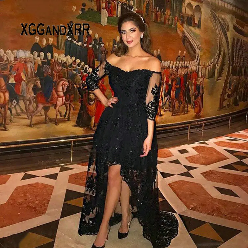 

Sexy Black High Front Low Back Prom Dresses Off the Shoulder 3/4 Sleeves Beaded Sequined Appliques Party Gown