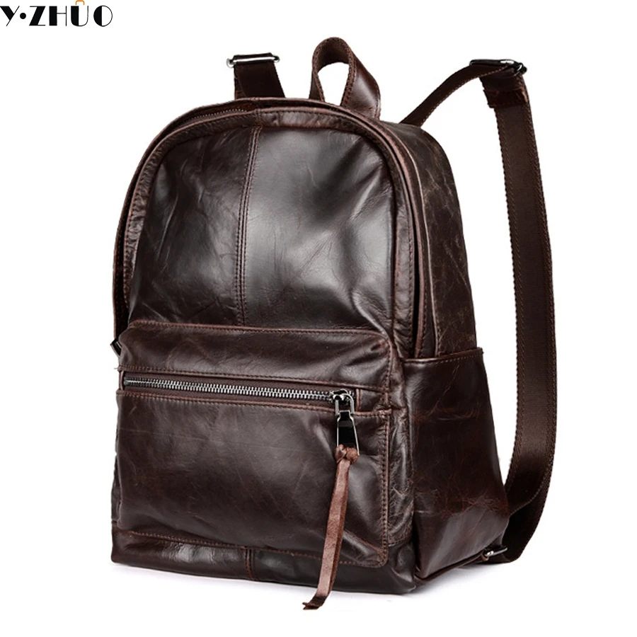 cowhide genuine leather man bags vintage double shoulder bag mochila escolar school font b Laptop b