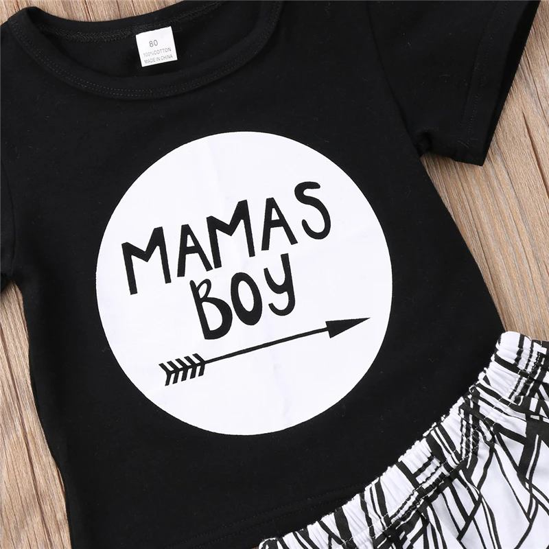 Pudcoco для малышей с надписью «Mamas Boy» черный Милая футболка Топы Корректирующие+ Брюки для девочек комплект одежды для маленьких мальчиков хлопковая летняя одежда для маленьких мальчиков Наряд