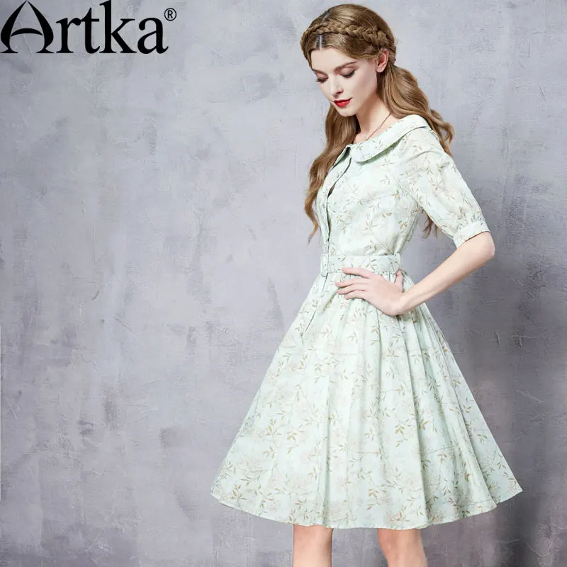 

ARTKA Women's Summer New Printed Cotton Dress Ruffled Collar Lantern Sleeve Cinched Waist Wide Hem Dress With Sashes LA11566X