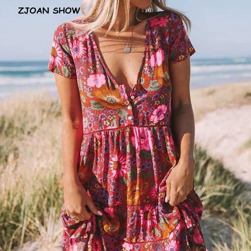 

2019 New Bohemian Red Daisy Floral Print Boho Dress V-neck Button Short Sleeve Summer Dresses Loose Chic Women Casual Mini Dress