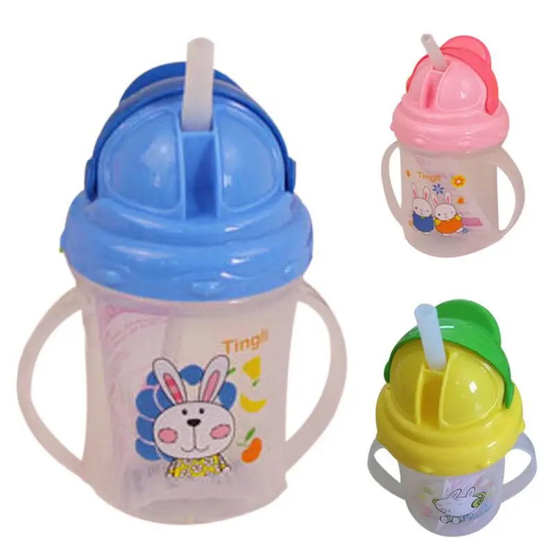 Прочная детская чашка с трубочкой Питьевая печатная бутылочка с изображением кролика поильники с ручками милый дизайн бутылочка для кормления PP пластик