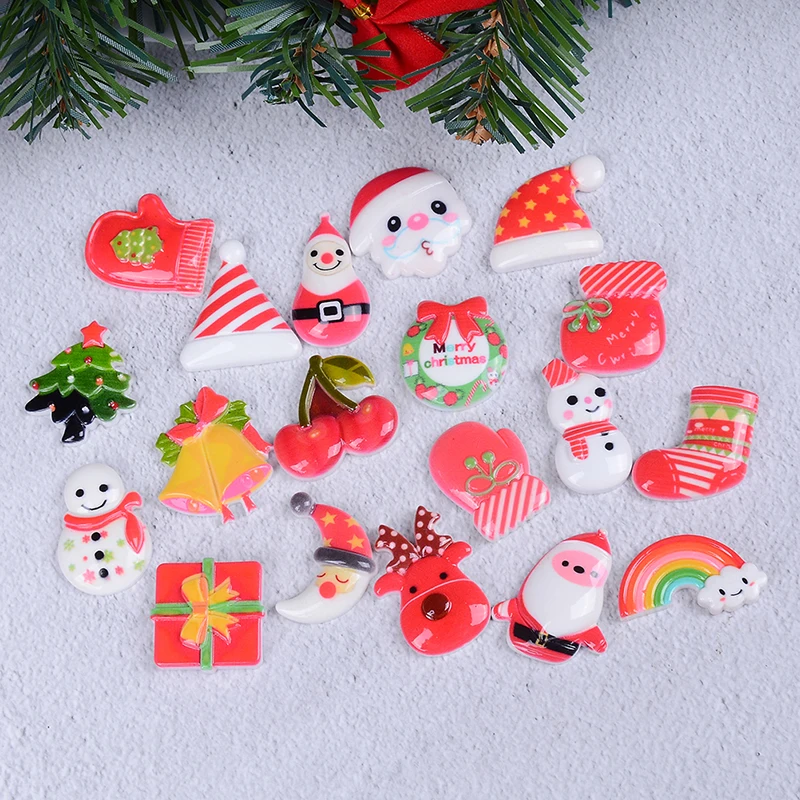 50pcs DIY Resin Christmas Tree Shoes Snowman Gift Mix Designs Dessert Cartoon Flatback Cartoon Lucky Bag DIY Party Xmas Decor