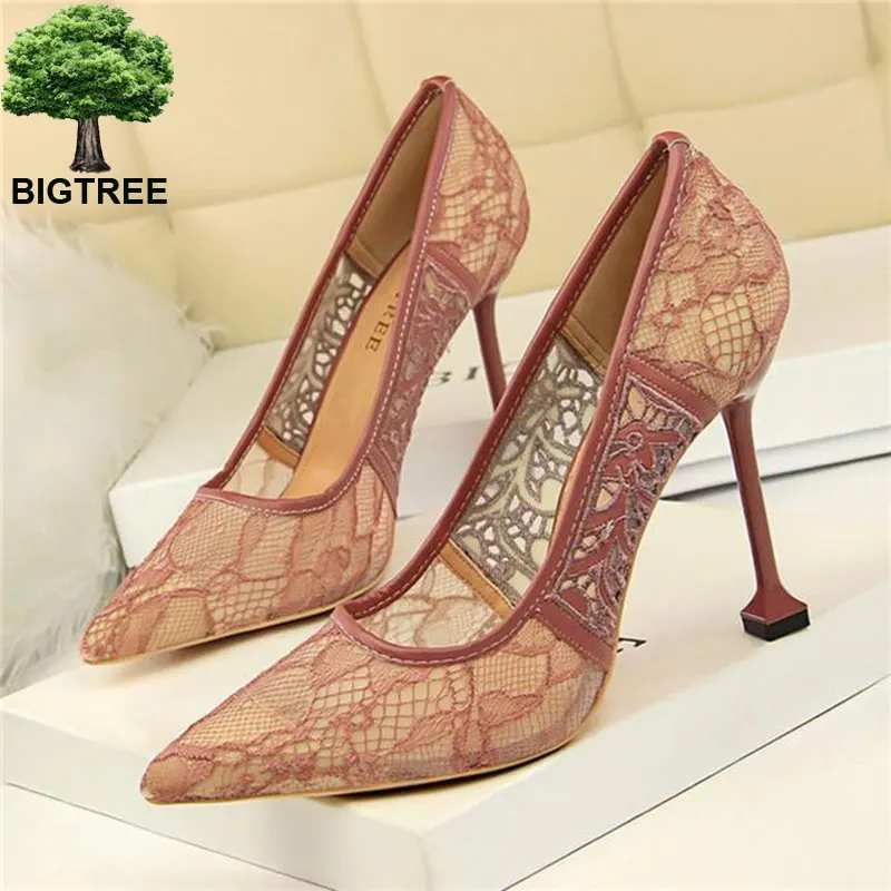 

BIGTREE 7 Colors Sexy Mesh Lace Cut-Outs Women Pumps Pointed Toe Fashion Party Shoes Shallow High Heels Shoes Women's Show Thin