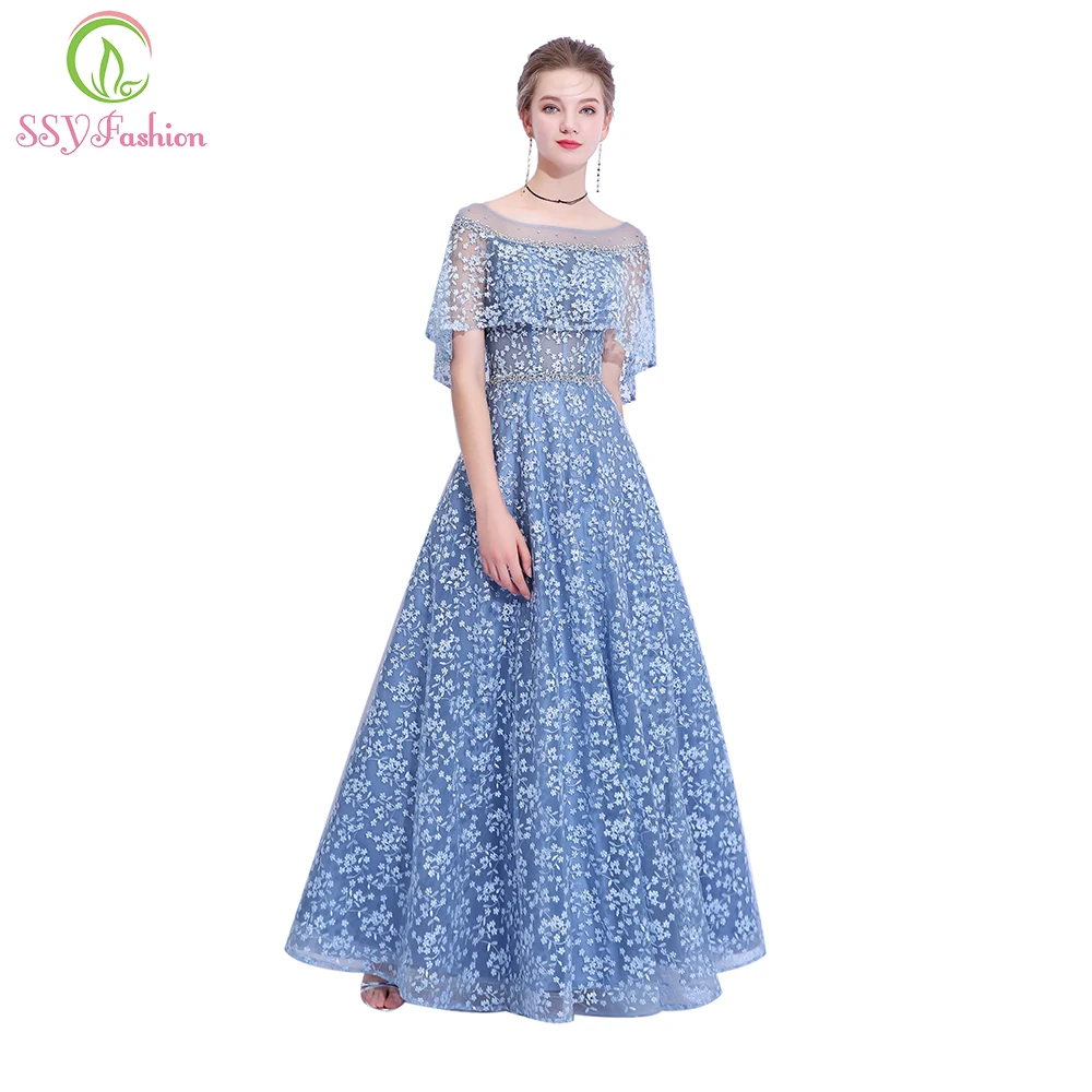 

SSYFashion New Banquet Elegant Grey Blue Lace Evening Dress Embroidery Beading Floor-length Prom Party Gown Long Formal Dresses