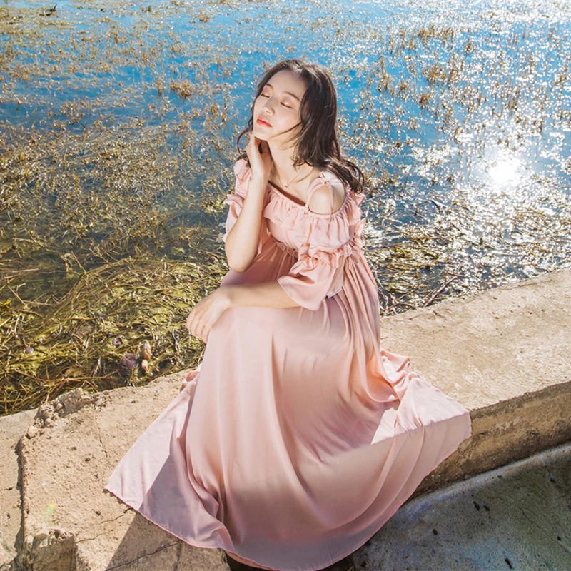 YOSIMI 2017 Summer Maxi  Halter Dress Chiffon Long Dress  Off-the-shoulder Dress Half Sleeve Beach  Long Dresses Tunic female
