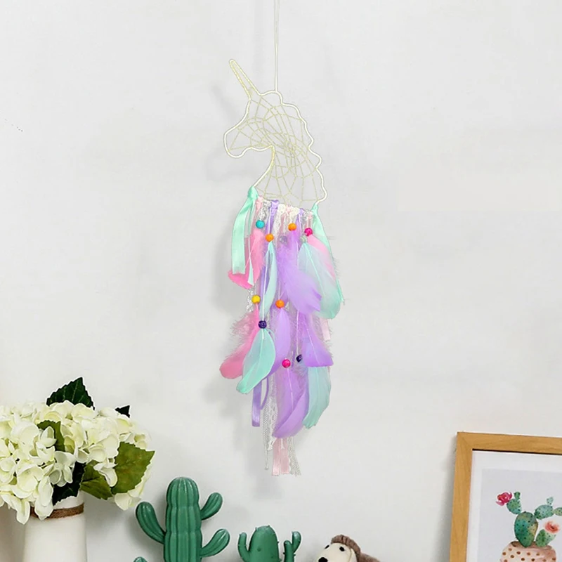 Unicorn Walling Hanging Decor Feather Dream Catcher Handmade Wind Chimes Home Decorations Craft Dreamcatcher Ornament Pendant