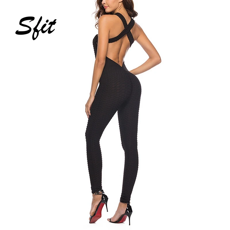 

Sfit 2019 Women Summer Sports Set Siamese High Waist Hips Trousers Halter Top Backless Bandage Yoga Jumpsuit Fitness Tracksuit