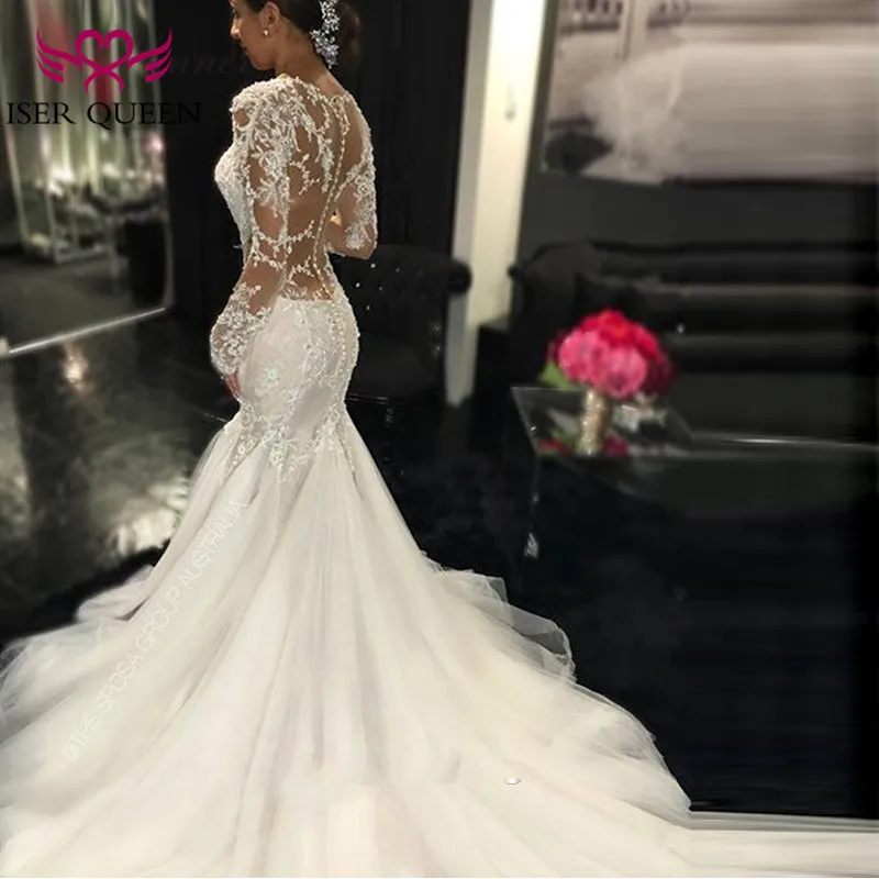 Sexy Illusion Terug Vintage Kant Mermaid Wedding Dress 2019 v-hals Borduren Applicaties Trouwjurken Bruidsjurken W0037 Sexy Illusion Terug Vintage Kant Mermaid Wedding Dress 2019 v-hals Borduren Applicaties Trouwjurken Bruidsjurken W0037
