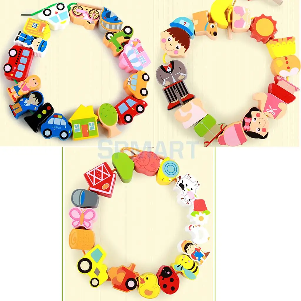 Wooden Cartoon Threading Beads Lacing Game Kids Preschool Edutional Toys - People/City/Farm