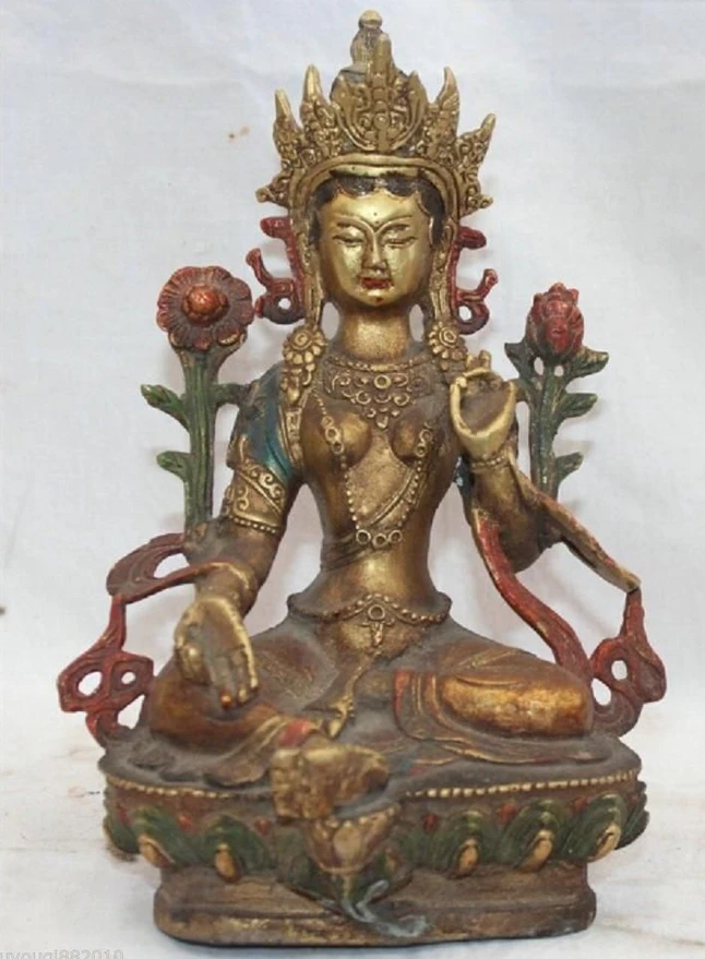

shitou 0044 8" Tibet Buddhism Bronze Whith Painting Green Tara enlightenment Goddess Statue