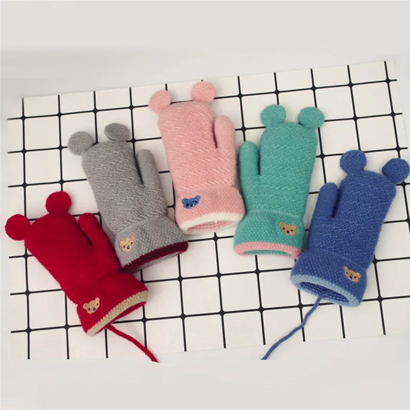 

Cute Toddler Baby Thicken Stitching Gloves Rope Full Finger Girls Boys Winter Warm Straps Mittens Gloves for Children Toddler